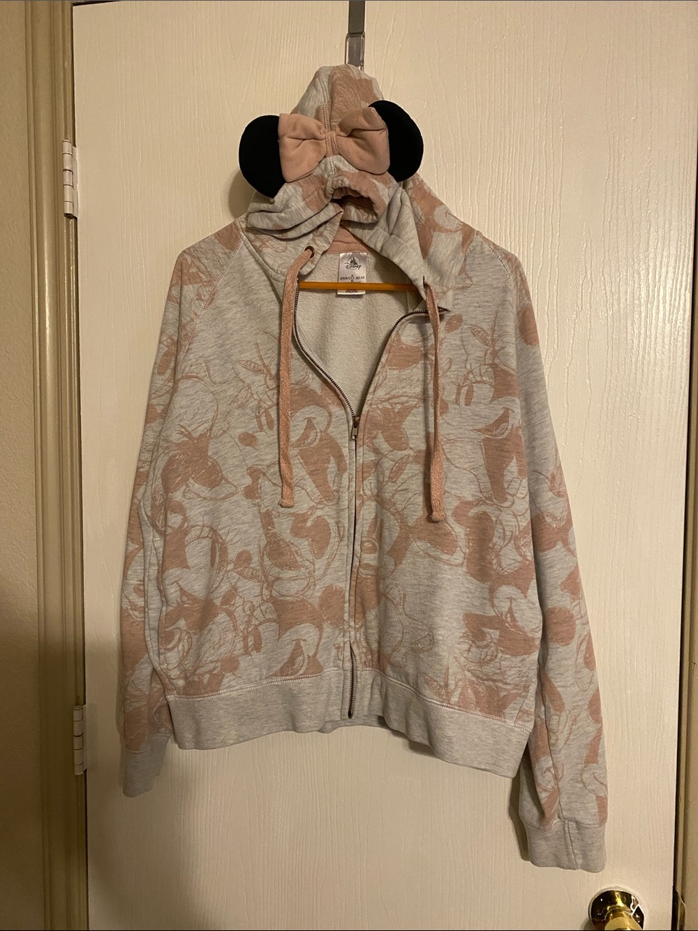 Light Gray & Dusty Pink Minnie Mouse print hoodie with Bow and Minnie Ears